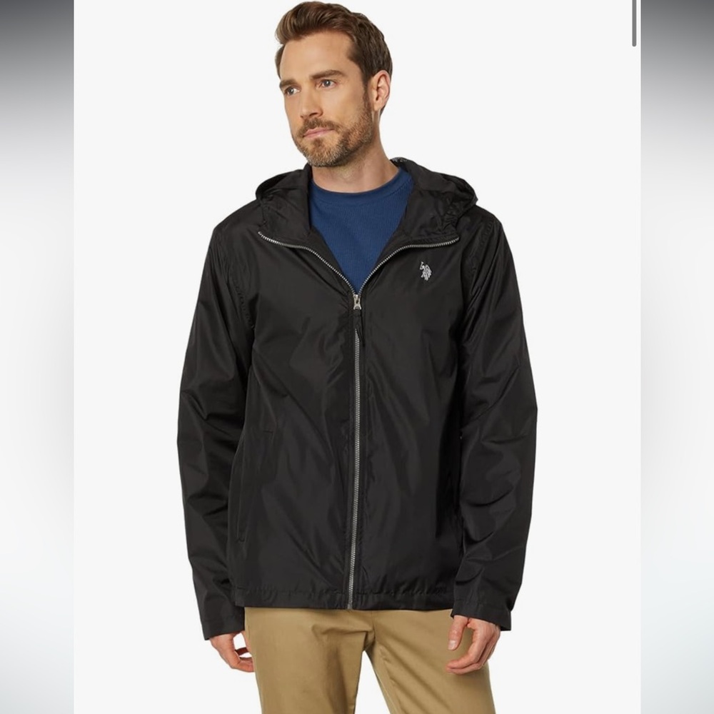 U.S. Polo Assn. Solid Black Long Sleeve Full Zip Hooded Windbreaker Jacket‎ Sz L